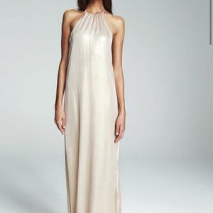 NWT AMSALE Rose Gold Metallic Halter Gown